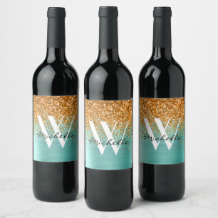 Elegantes Teal-Gold-Monogramm-Glitter-Mädchen-Name Weinetikett
