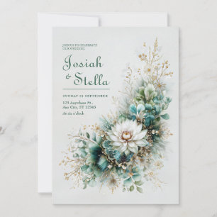 Elegantes Teal Grün Gold Weiß Florales Hochzeit Einladung
