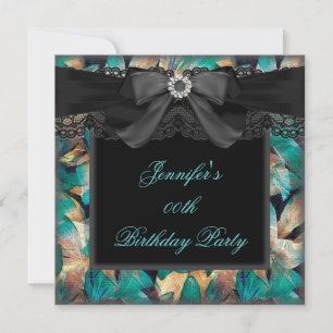 Elegantes Teal-Jade-Blumen-Schwarzspitzen- Geburts Einladung