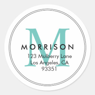 Elegantes Teal-Monogramm-Rücksendeadresse Runder Aufkleber
