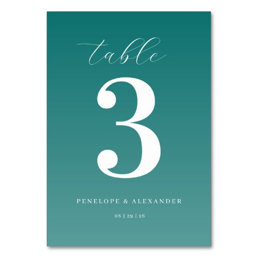 Elegantes Teal Nummern-Tischschild Tischnummer (Vorderseite)