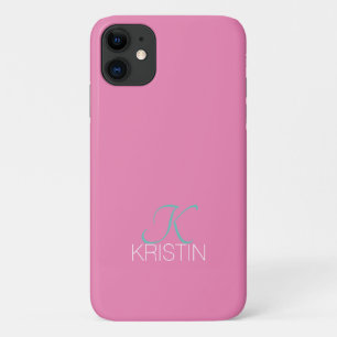 Elegantes Teal-Schriftmonogramm & Name, Rosa Case-Mate iPhone Hülle