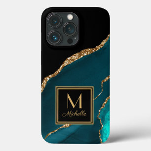 Elegantes Teal Schwarz Gold Monogramm Anfangsbuchs Case-Mate iPhone Hülle