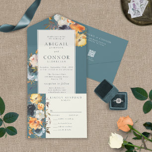 Elegantes Teal Terrakotta Navy Boho Floral All In One Einladung