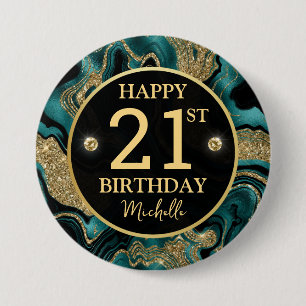 Elegantes Teal- und Gold-Glitter-Achat-Geburtstags Button