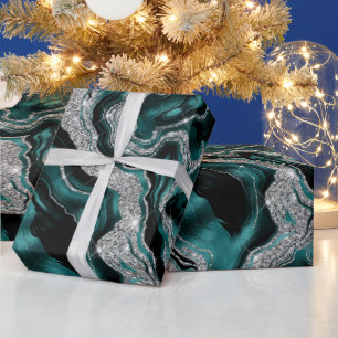 Elegantes Teal- und Silber-Glitter-Achat-Geburtsta Geschenkpapier