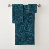 Elegantes Tealblau-Barock-Blumenmuster Badhandtuch Set (Insitu)