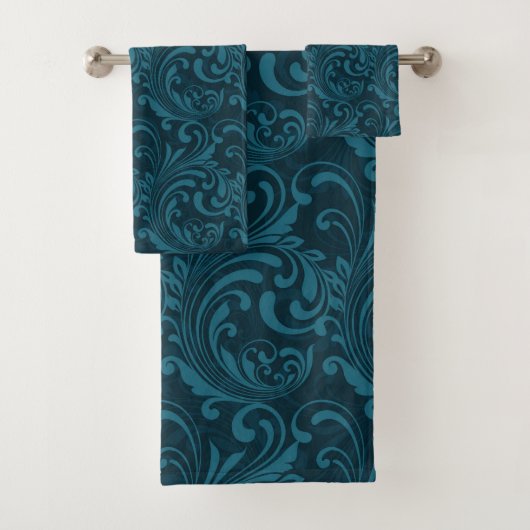 Elegantes Tealblau-Barock-Blumenmuster Badhandtuch Set (Insitu)