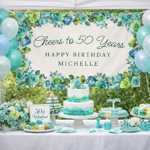 Elegantes Tealgrün Floral Prost auf den 50. Geburt Banner