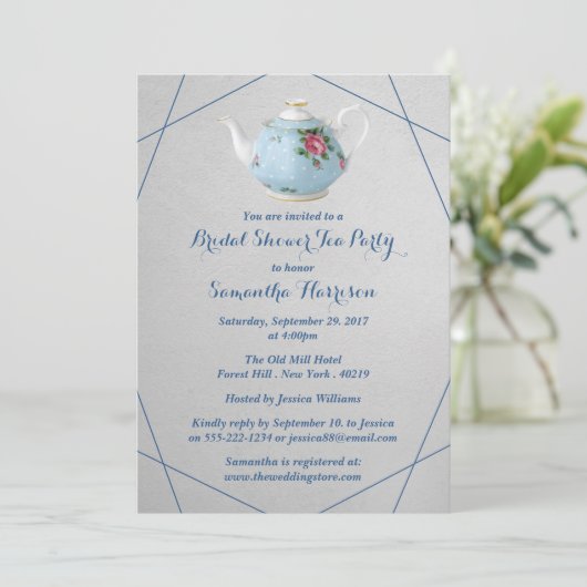 Elegantes Teapot Brautparty Teezeremonie Party Einladung (Stehend Vorderseite)