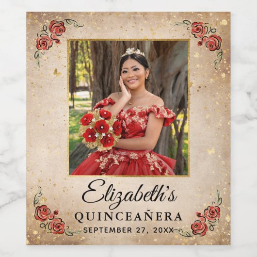 Elegantes Template Red and Gold Quinceanera Foto Weinetikett (Einzelnes Label)