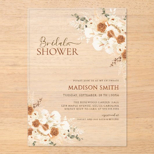 Elegantes Terracotta Floral QR Code Brautparty Acryleinladungen (Vorderseite)