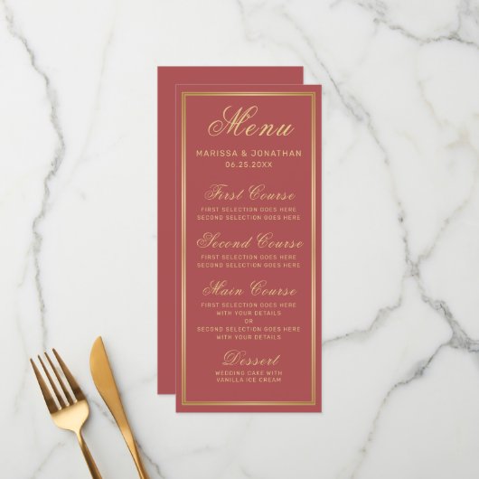 Elegantes Terracotta Gold Script Wedding Menu Menükarte (Vorderseite/Rückseite Beispiel)