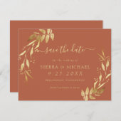 Elegantes Terracotta Rust Gold Foliage Save the Da Einladung (Vorne/Hinten)