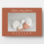 Elegantes Terracotta Script Taufe Foto Fotoplatte (Vorderseite)