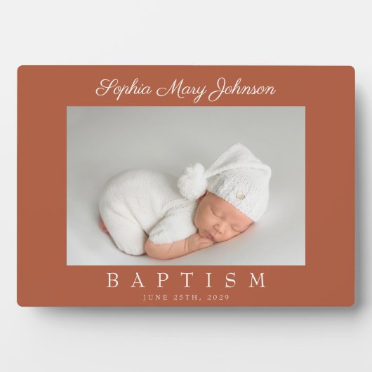 Elegantes Terracotta Script Taufe Foto Fotoplatte (Vorderseite)
