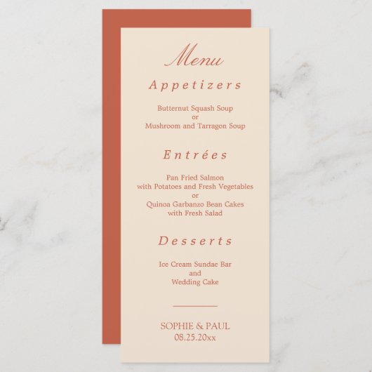 Elegantes Terracotta Script Wedding Menu Menükarte (Vorne/Hinten)