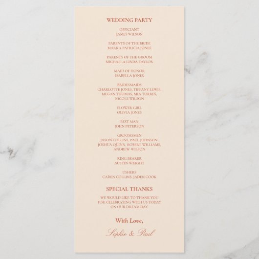 Elegantes Terracotta Script Wedding Program (Rückseite)