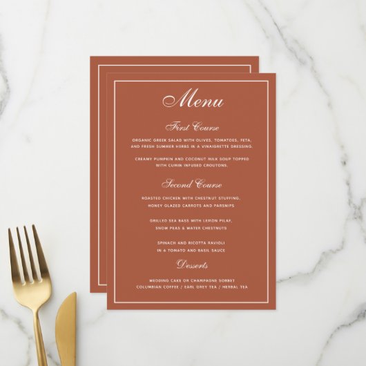 Elegantes Terracotta White Script Wedding Menu Menükarte (Vorderseite/Rückseite Beispiel)