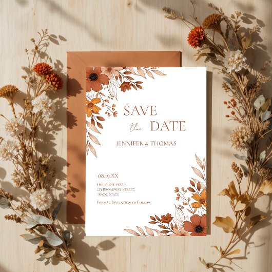 Elegantes Terrakotta-Blumen-Hochzeit mit Handzeich Save The Date