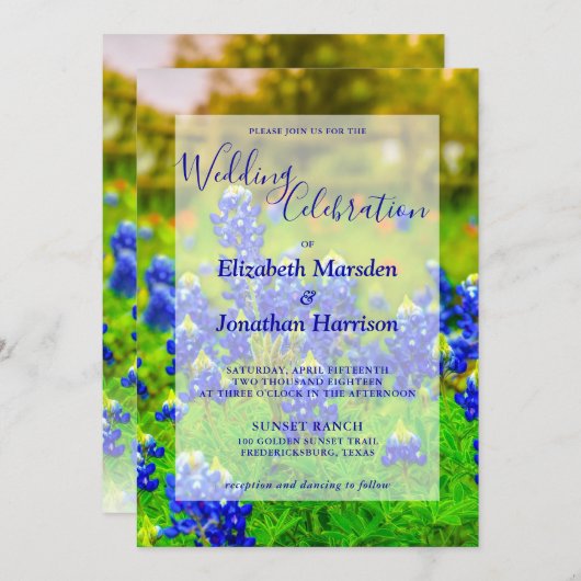 Elegantes Texas Bluebonnets Foto Hochzeit Einladung (Vorne/Hinten)