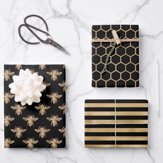 Elegantes Thema für schwarze und goldene Bienen Geschenkpapier Set (Vorderseite)