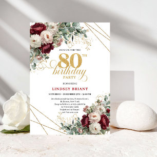 Elegantes tiefrotes Burgunderrot 80. Geburtstag Einladung