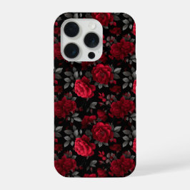 Elegantes Tiefrotes Rosen-Schwarzes Blumenmuster iPhone 15 Pro Hülle