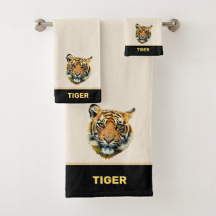 Elegantes Tigergesicht auf Beige und Schwarz Badhandtuch Set