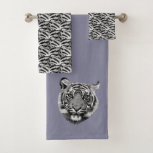 Elegantes Tigergesicht auf römischem Silbergrau Badhandtuch Set