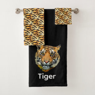 Elegantes Tigergesicht auf schwarzer personalisier Badhandtuch Set