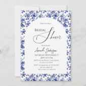 Elegantes Toile Blue Floral Brautparty Einladung (Vorderseite)