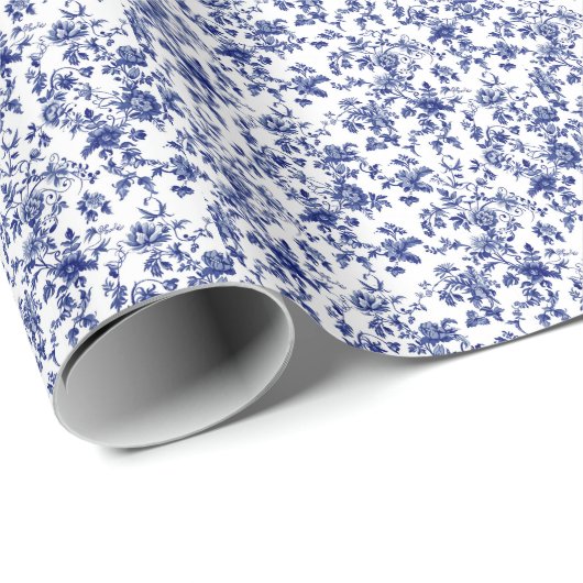 Elegantes Toile Blue Floral Brautparty Geschenkpapier (Rolleneckpunkt)