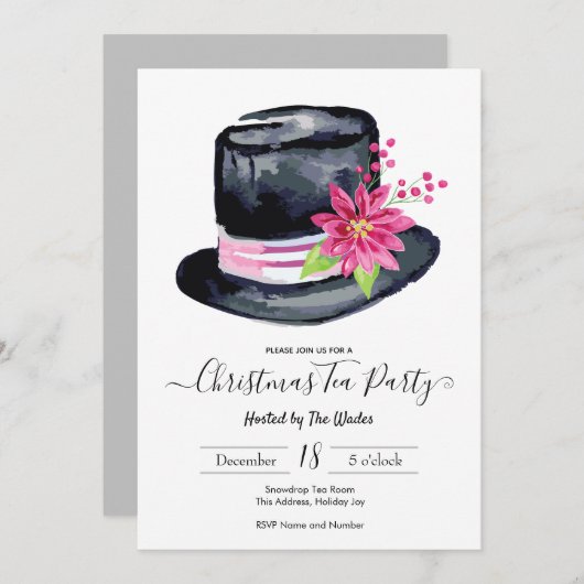 Elegantes Top Hat und Poinsettia Christmas Tea Par Einladung (Vorne/Hinten)