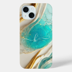Elegantes Topas Blau Goldadern Marmor Monogramm Case-Mate iPhone Hülle