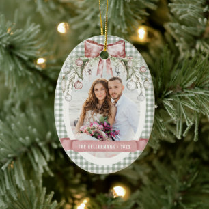 Elegantes traditionelles Gingham-Foto Weihnachten Keramik Ornament