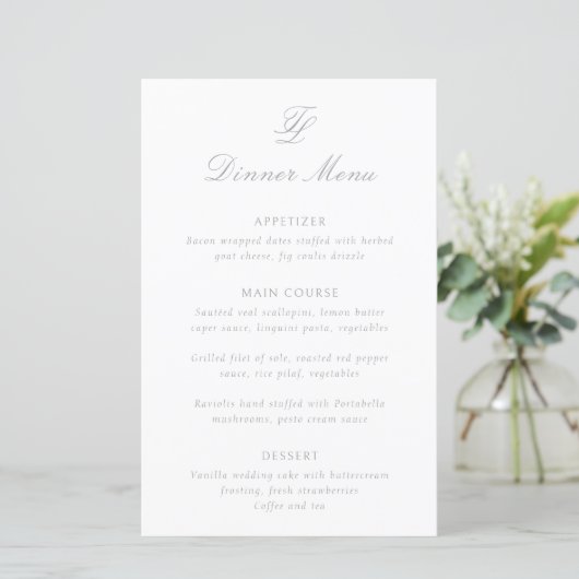 Elegantes traditionelles Hochzeitsmenü in Grau (Stehend Vorderseite)