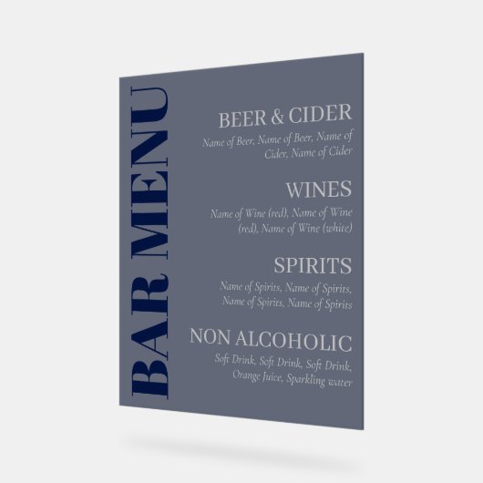 Elegantes transparentes Menü der Gray Typografy Ba Acrylschild (Winkel)