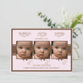 Elegantes Triplet Foto Baby Girl Geburtserklärung Ankündigung (Stehend Vorderseite)