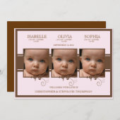 Elegantes Triplet Foto Baby Girl Geburtserklärung Ankündigung (Vorne/Hinten)