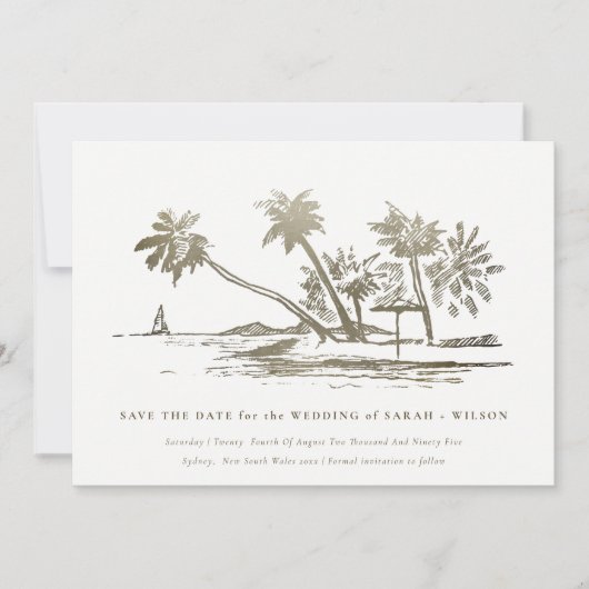 Elegantes Tropical Beach Palm Tree Sketch Pale Gol Save The Date (Vorderseite)