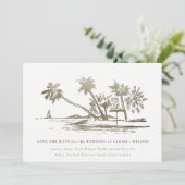Elegantes Tropical Beach Palm Tree Sketch Pale Gol Save The Date (Stehend Vorderseite)