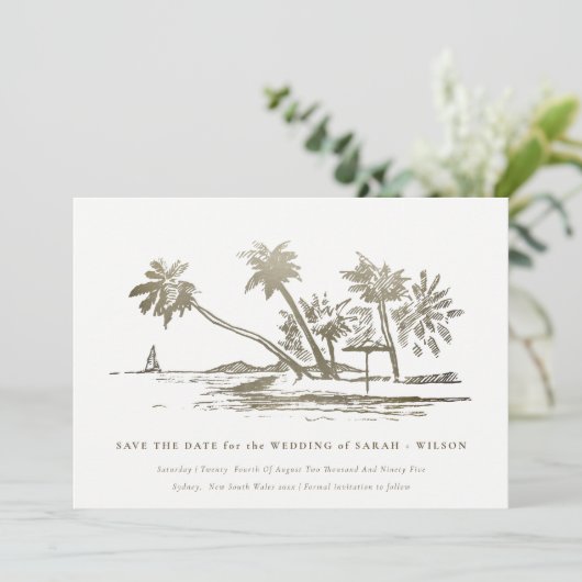 Elegantes Tropical Beach Palm Tree Sketch Pale Gol Save The Date (Stehend Vorderseite)