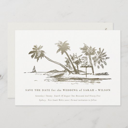 Elegantes Tropical Beach Palm Tree Sketch Pale Gol Save The Date (Vorne/Hinten)