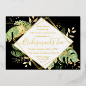 Elegantes Tropical Black & Gold Bridesmaid Tea Par Folieneinladung (Vorderseite)