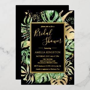 Elegantes Tropical Black & Gold Modernes Brautpart Folieneinladung