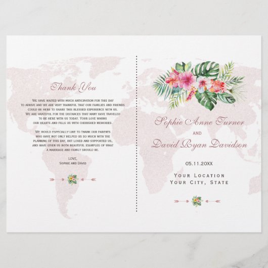 Elegantes Tropical Floral Gold World Map Programm (Vorderseite)