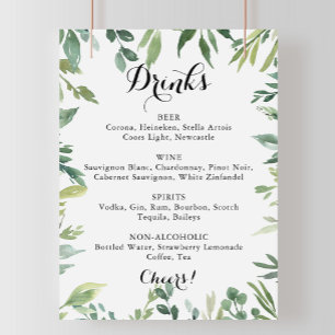 Elegantes Tropical Green Wedding Drinks Menü Zeich Poster