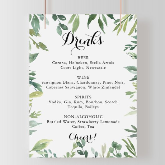 Elegantes Tropical Green Wedding Drinks Menü Zeich Poster