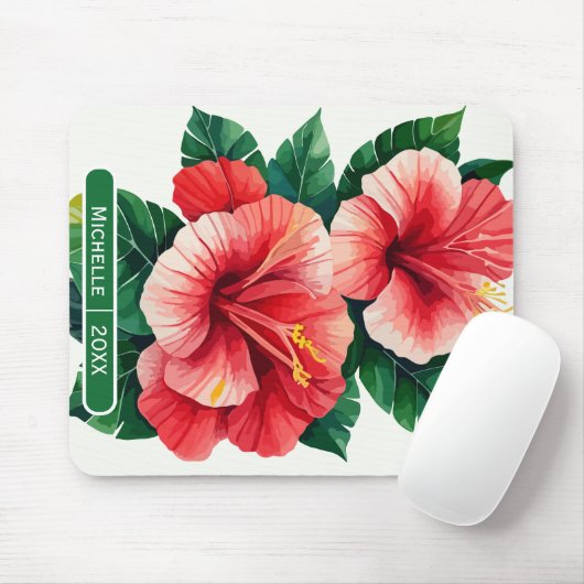 Elegantes Tropical Hawaii Hibiskus Green Monogram Mousepad (Mit Mouse)